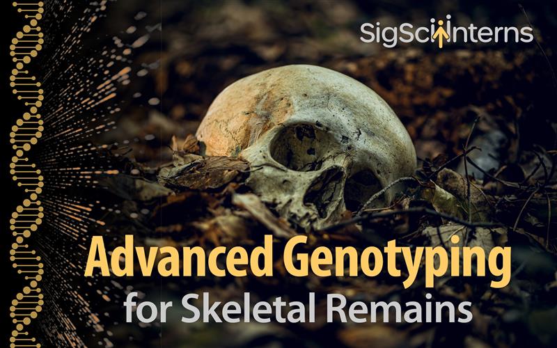 Image of a skull in a field with the tet Advanced Genotyping for Skeletal Remains